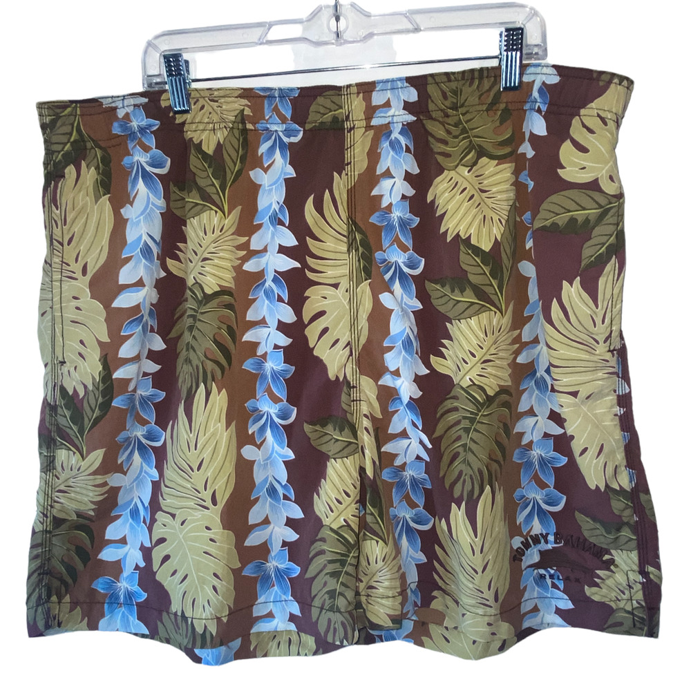 Tommy Bahama Relax Hawaiian blue brown Men's Swim trunks shorts size XL pockets
